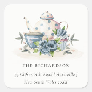 Elegant Aqua Blue Foral Teapot Cup Cake Address Vierkante Sticker