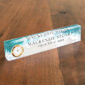 Elegant Aqua Blue Green Beach Script Naambordje (Zijkant)