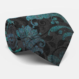 Elegant Aqua Blue Grunge Damask Floral Stropdas