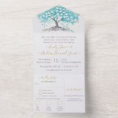 Elegant Aqua Blue Heart Leaf Tree Wedding All In One Uitnodiging (Binnen)