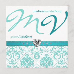 Elegant Aqua blue Sweet Sixteen Birthday Invites Kaart
