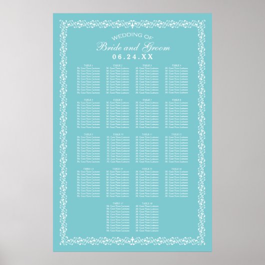 Elegant Aqua Blue Wedding Seating Chart Poster (Voorkant)