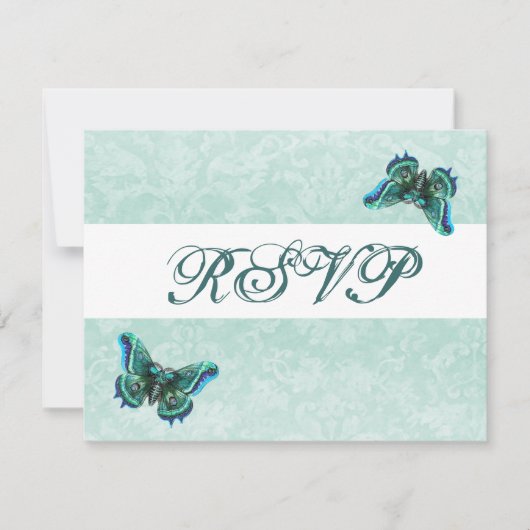 Elegant Aqua Damask Butterflies RSVP Wedding (Voorkant)