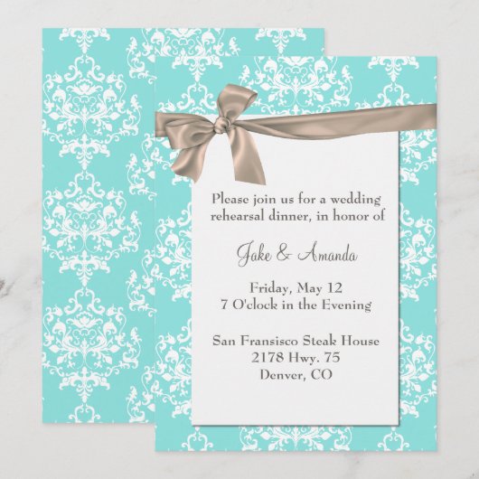 Elégant Aqua Damask Rehearsal Dîner Invitation (Devant / Derrière)