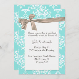 Elegant Aqua Damask Rehearsal Dinner Invitation Kaart