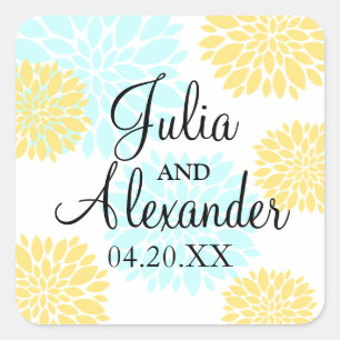 Elegant Aqua en Light Yellow Floral Burst Wedding Vierkante Sticker