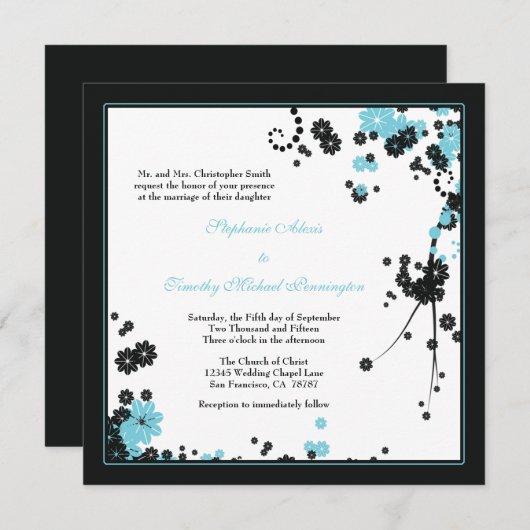 Elégant aqua + fleurs noires faire-part de mariage (Devant / Derrière)