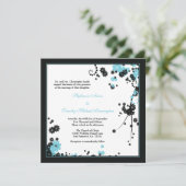 Elégant aqua + fleurs noires faire-part de mariage (Debout devant)