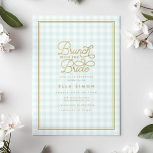 Elegant Aqua Gingham Gold Vrijgezellenfeest Brunch Kaart