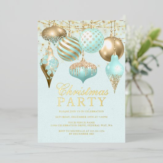 Elegant Aqua Gold Ornaments kerstfeest Folie Uitnodiging (Staand Voorkant)