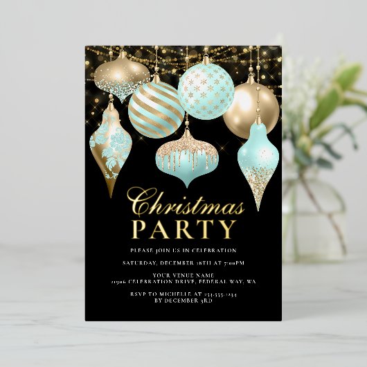 Elegant Aqua Gold Ornaments kerstfeest Folie Uitnodiging (Staand Voorkant)