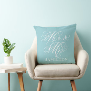 Elegant Aqua Mr en Mrs Script Custom Monogram Kussen