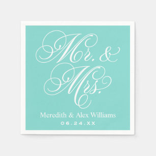 Elegant Aqua Mr en Mrs Script Custom Monogram Servet
