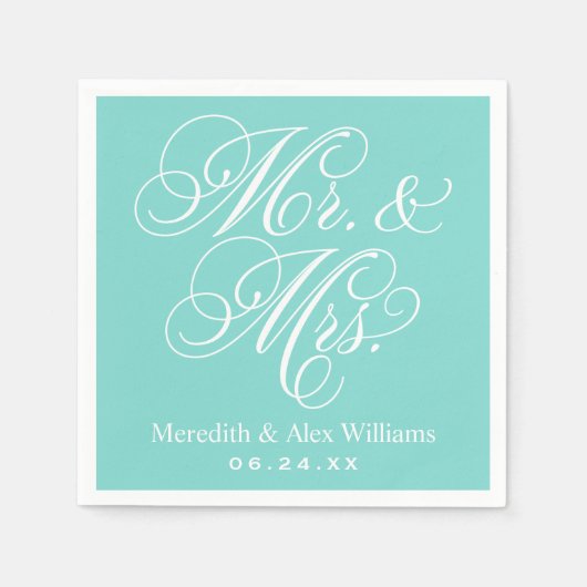 Elegant Aqua Mr en Mrs Script Custom Monogram Servet (Voorkant)