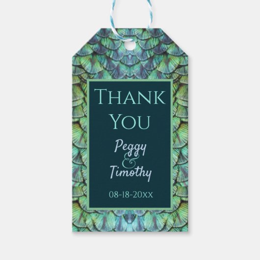 Elegant Aqua Peacock Feathers Wedding Favor Gift T Cadeaulabel (Voorkant)