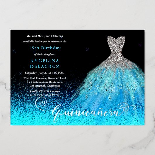 Elegant Aqua Spanish Gown Quinceañera - Silver Folie Uitnodiging (Voorkant)