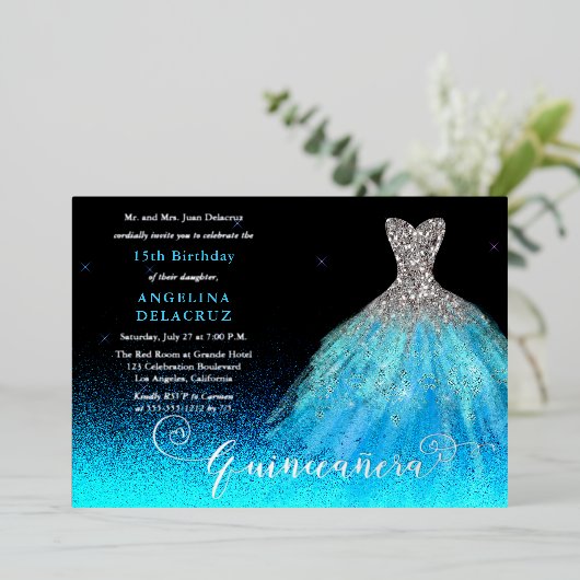 Elegant Aqua Spanish Gown Quinceañera - Silver Folie Uitnodiging (Staand Voorkant)
