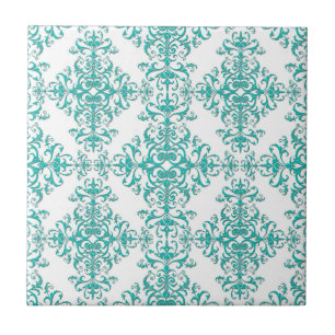 Elegant aqua turquoise over witte damastpatroon tegeltje