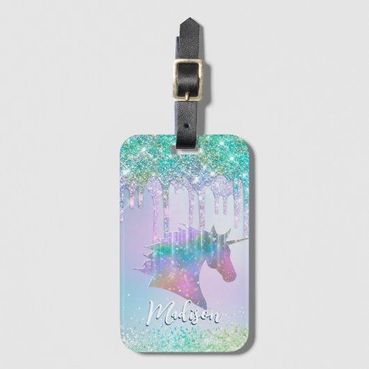 Elegant aqua Unicorn Glitter Driemonogram Bagagelabel (Voorkant (verticaal))