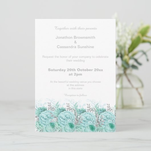 ELEGANT AQUA ZILVER GLITTERENDE BLoemen BRUILOFT Kaart (Staand voorkant)