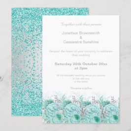 ELEGANT AQUA ZILVER GLITTERENDE BLoemen BRUILOFT Kaart