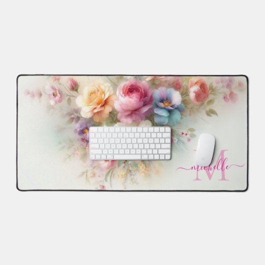 Elegant Aquarell Floral Custom Name Modern Bureaumat (Keyboard & Muis)