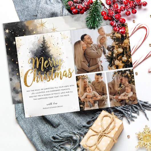 Elégant Aquarelle Arbre Multi Photo Carte de Noël