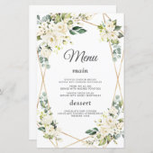 Elégant Aquarelle Fleurs blanches Mariage or Menu (Devant / Derrière)