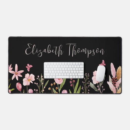 Elégant Aquarelle Fleurs Girly Script Nom Noir (Clavier et souris)