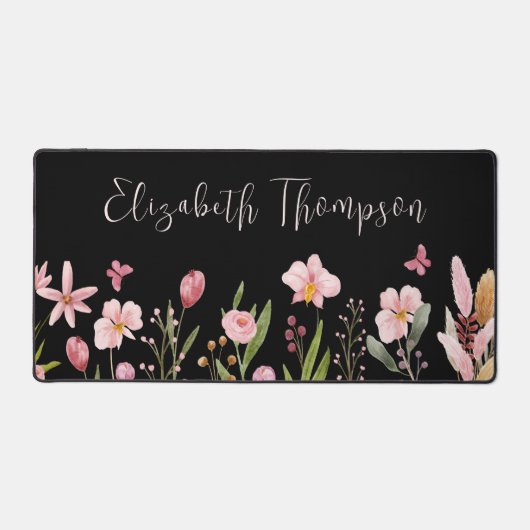 Elégant Aquarelle Fleurs Girly Script Nom Noir (Recto)