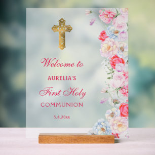 Elégant Aquarelle Fleurs Première Communion Accuei