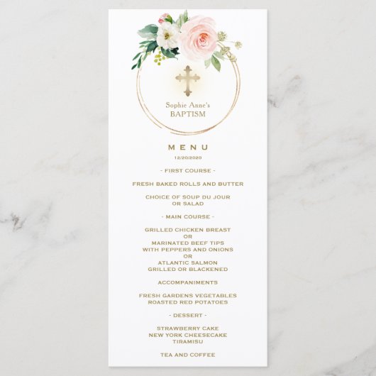 Elégant Aquarelle Rose Blush Floral Baptism Menu (Devant)