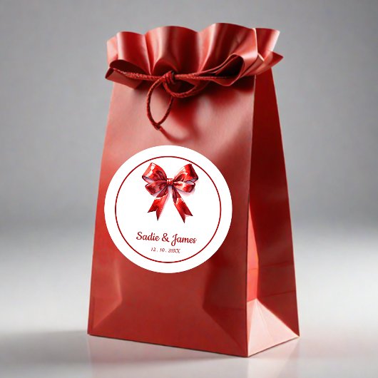 Elégant Aquarelle Rouge Bow Wedding Favor Sticker