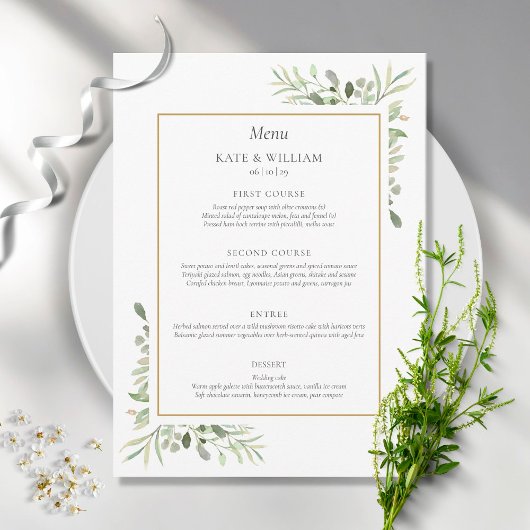 Elégant Aquarelle Verdure Menu Mariage Dîner