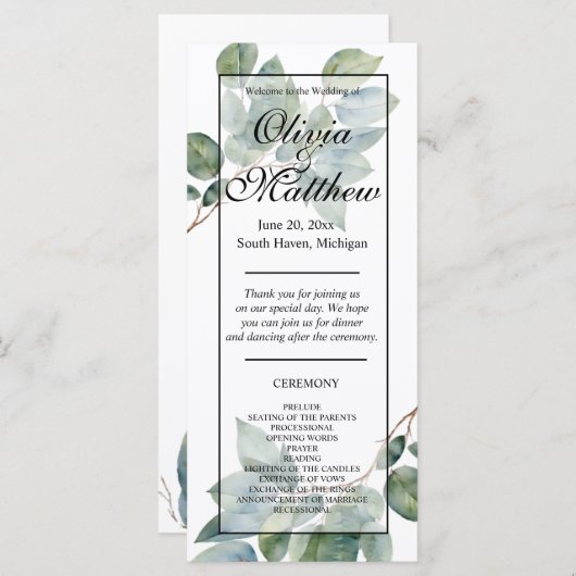 Elégant Aquarelle vert programme de mariage de boh (Devant / Derrière)
