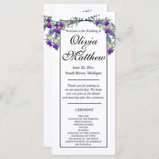 Elégant aquarelle violet lavande programme de mari (Devant / Derrière)