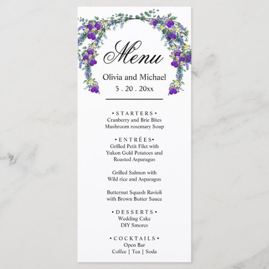 Elégant aquarelle violette Mariage Menu (Devant)