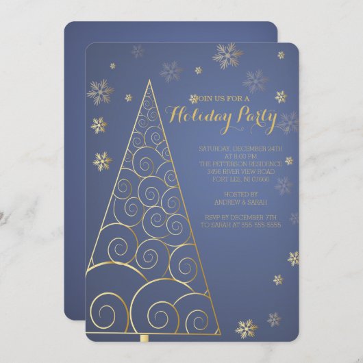 Elégant Arbre d'or Noël Invitation (Devant / Derrière)