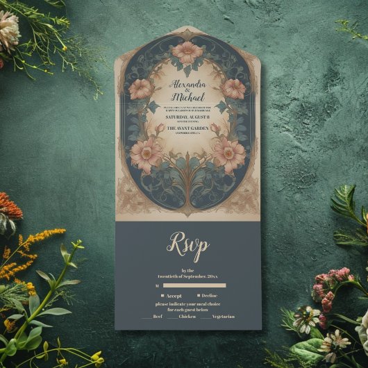 Elegant Arch Art Nouveau Wedding All In One Uitnodiging