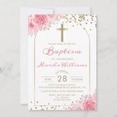Elegant Arch Gold Glitter Pink Floral Girl Baptism Kaart (Voorkant)