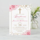 Elegant Arch Gold Glitter Pink Floral Girl Baptism Kaart (Staand voorkant)