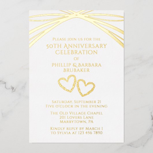 Elegant Arch Heart Golden 50ste bruiloft Jubileum Folie Uitnodiging (Voorkant)