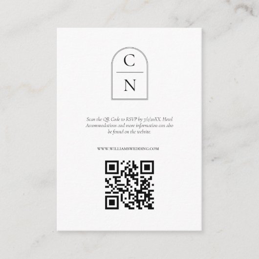 Elegant Arch Monogram QR Code RSVP Informatiekaartje (Voorkant)