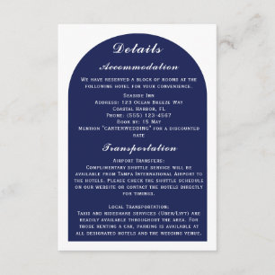 Elegant Arch White & Navy Nautische bruiloft Detai Informatiekaartje
