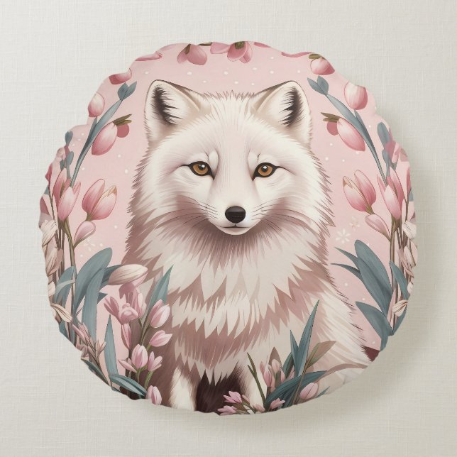 Elegant Arctic Fox Pink Floral Rond Kussen (Voorkant)