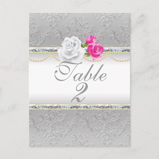 Élégant Argent Damas et rose rose Numéro de table (Devant)