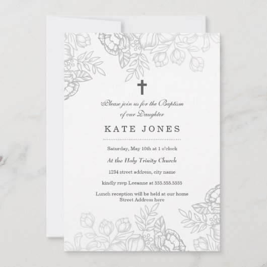Élégant Argent Vintage Floral Baptism Invitation (Devant)