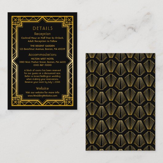  Elegant Art Deco Black Gold Wedding Enclo Informatiekaartje (Voorkant / Achterkant)