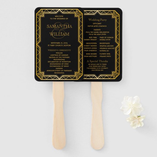  Elegant Art Deco Black Gold Wedding Hand F Handwaaier (Voorkant en achterkant)