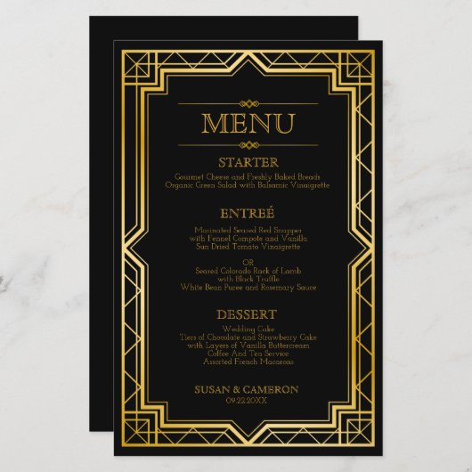 Elegant Art Deco Black Gold Wedding Menu (Voorkant / Achterkant)